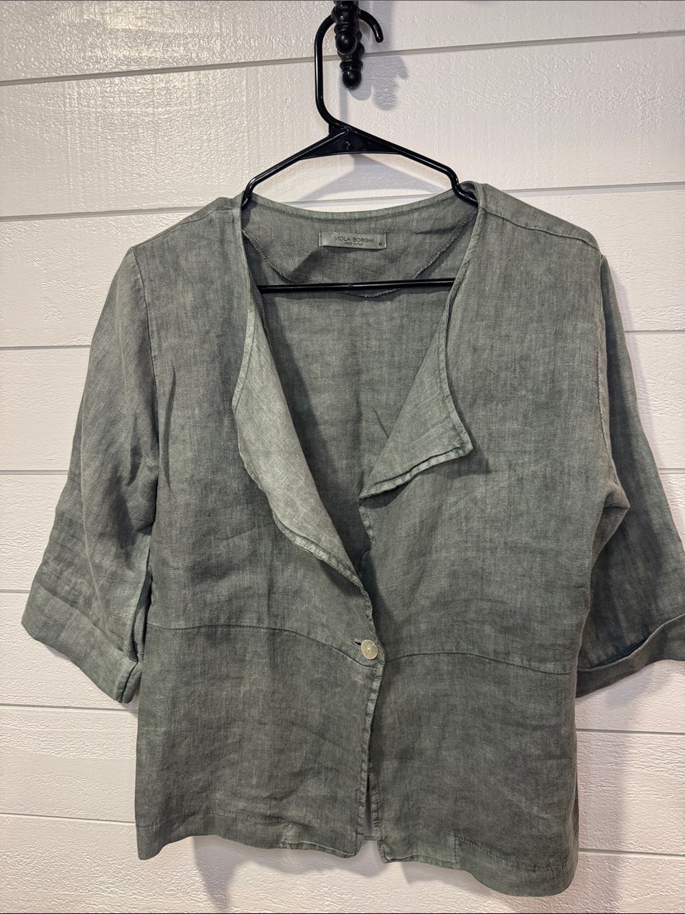 VIOLA BORGHI Green 100% Linen Open Collar Jacket- MEDIUM